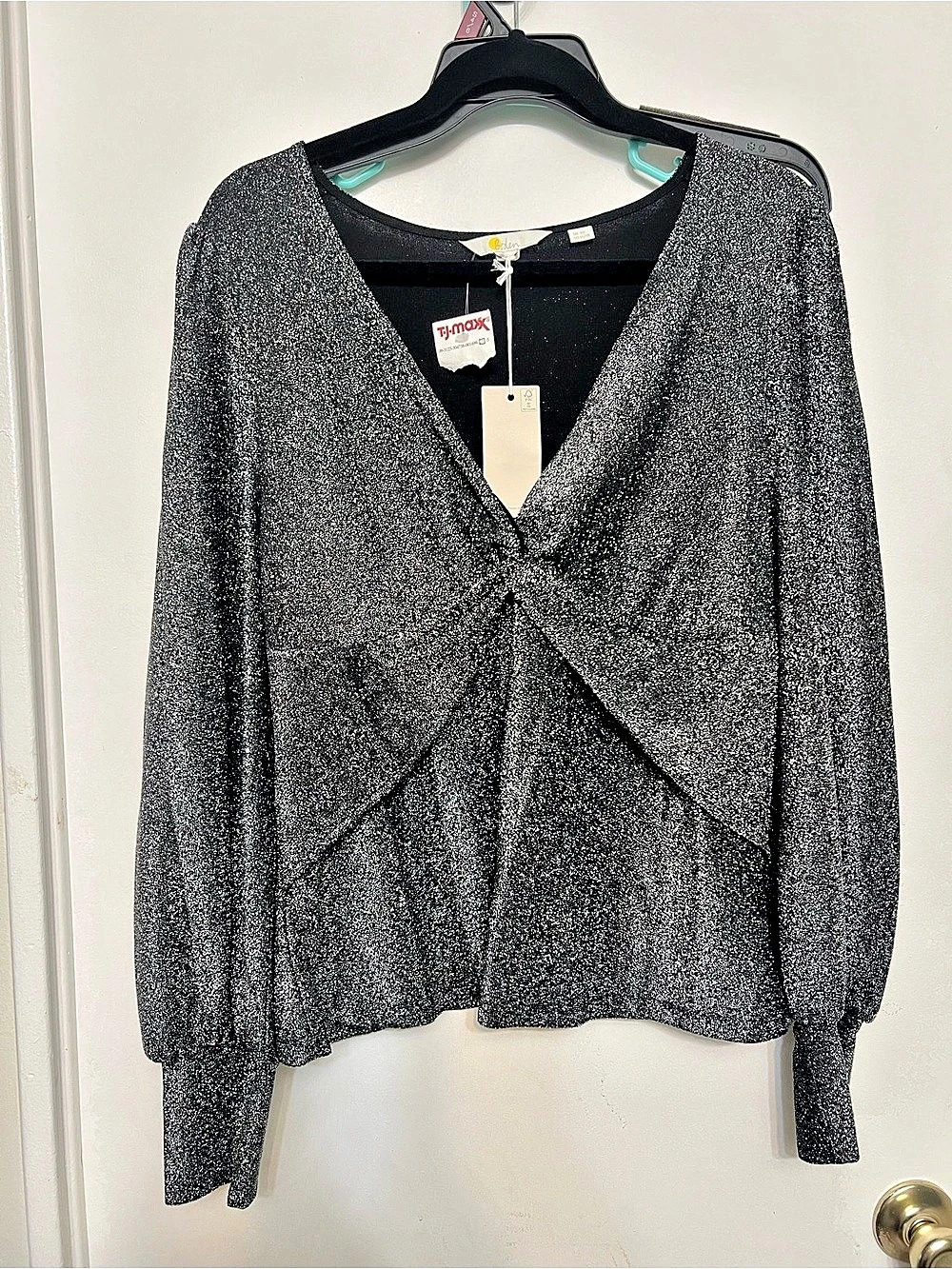 Boden Twist Front Sparkle Top Blouse in Black & Silver Size XL